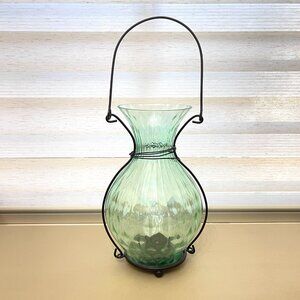 Biedermann Candle Holder Green Glass Votive Tea Light Lantern Style with Handle
